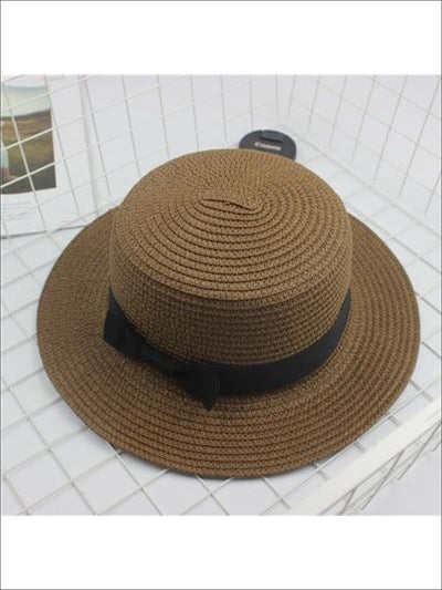 Girls Woven Straw Fedora Hat with Bow Tie (Multiple Color Options) - Brown / One Size - Girls Hats