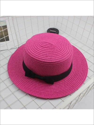 Girls Woven Straw Fedora Hat with Bow Tie (Multiple Color Options) - Hot Pink / One Size - Girls Hats