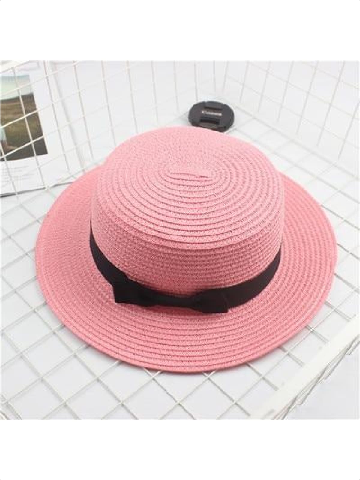 Girls Woven Straw Fedora Hat with Bow Tie (Multiple Color Options) - Light Pink / One Size - Girls Hats