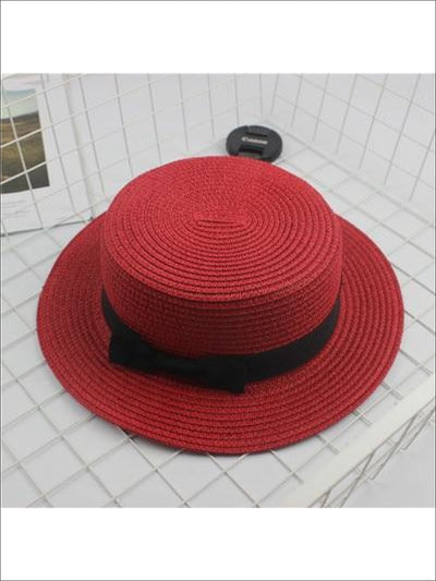 Girls Woven Straw Fedora Hat with Bow Tie (Multiple Color Options) - Red / One Size - Girls Hats