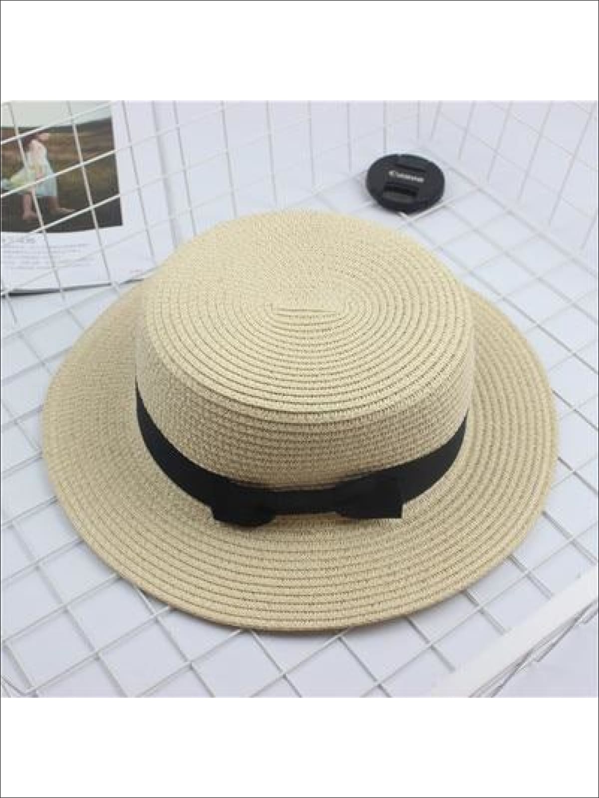 Girls Woven Straw Fedora Hat with Bow Tie (Multiple Color Options) - Taupe / One Size - Girls Hats
