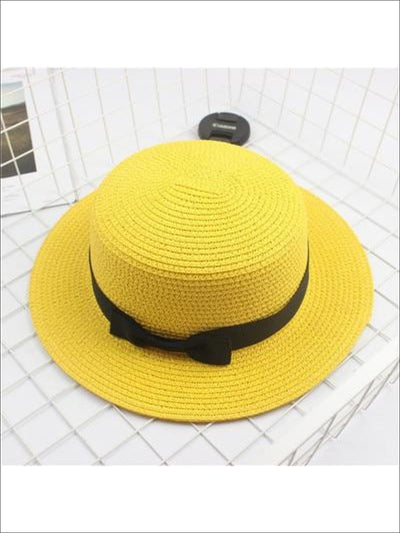 Girls Woven Straw Fedora Hat with Bow Tie (Multiple Color Options) - Yellow / One Size - Girls Hats