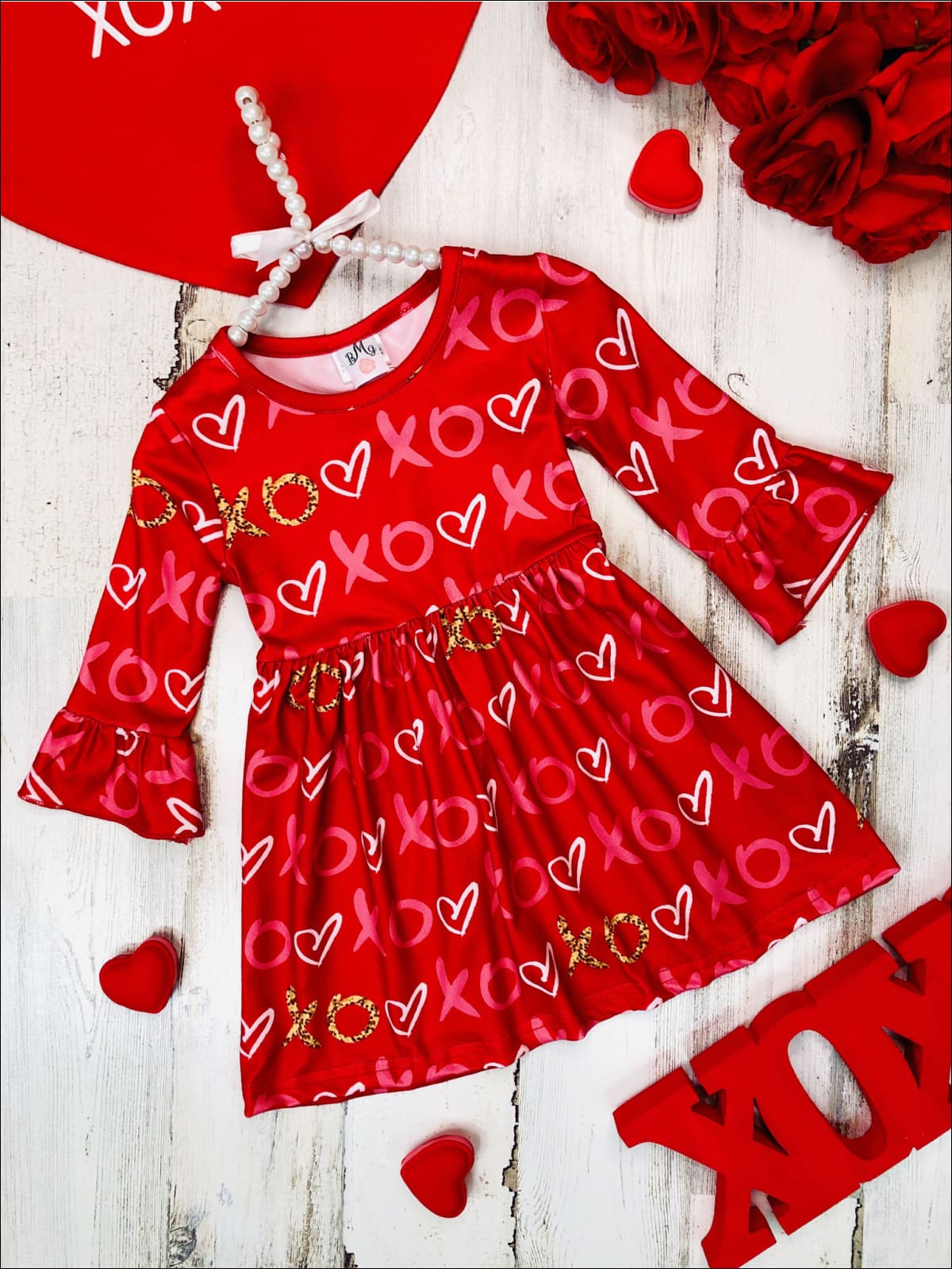 Girls XO and Heart Print Ruffled Dress - 2T / Red - Girls Fall Casual Dress