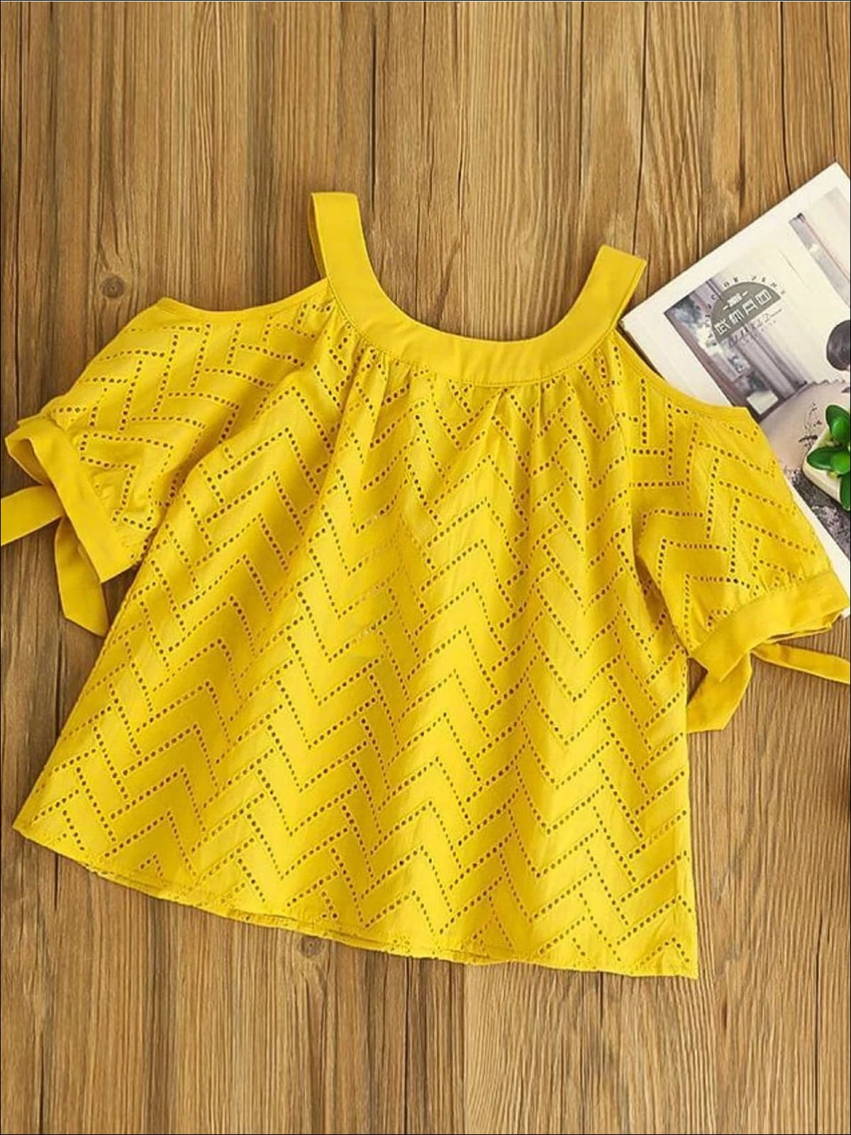 Spring Toddler Tops | Little Girls Yellow Eyelet Cold Shoulder Tunic
