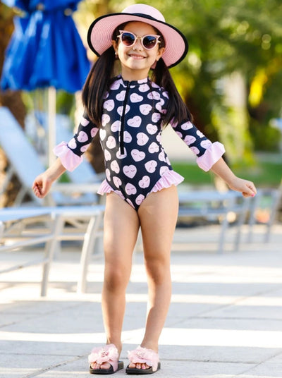 Kids Cute Swimsuits | Little Girls Zipper Ruffled Rash Guard Swimsuit