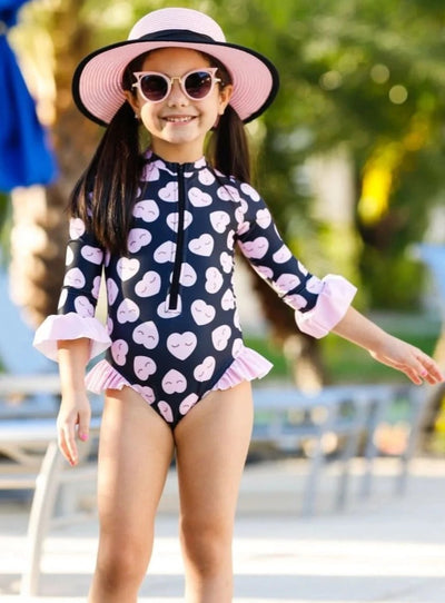 Kids Cute Swimsuits | Little Girls Zipper Ruffled Rash Guard Swimsuit