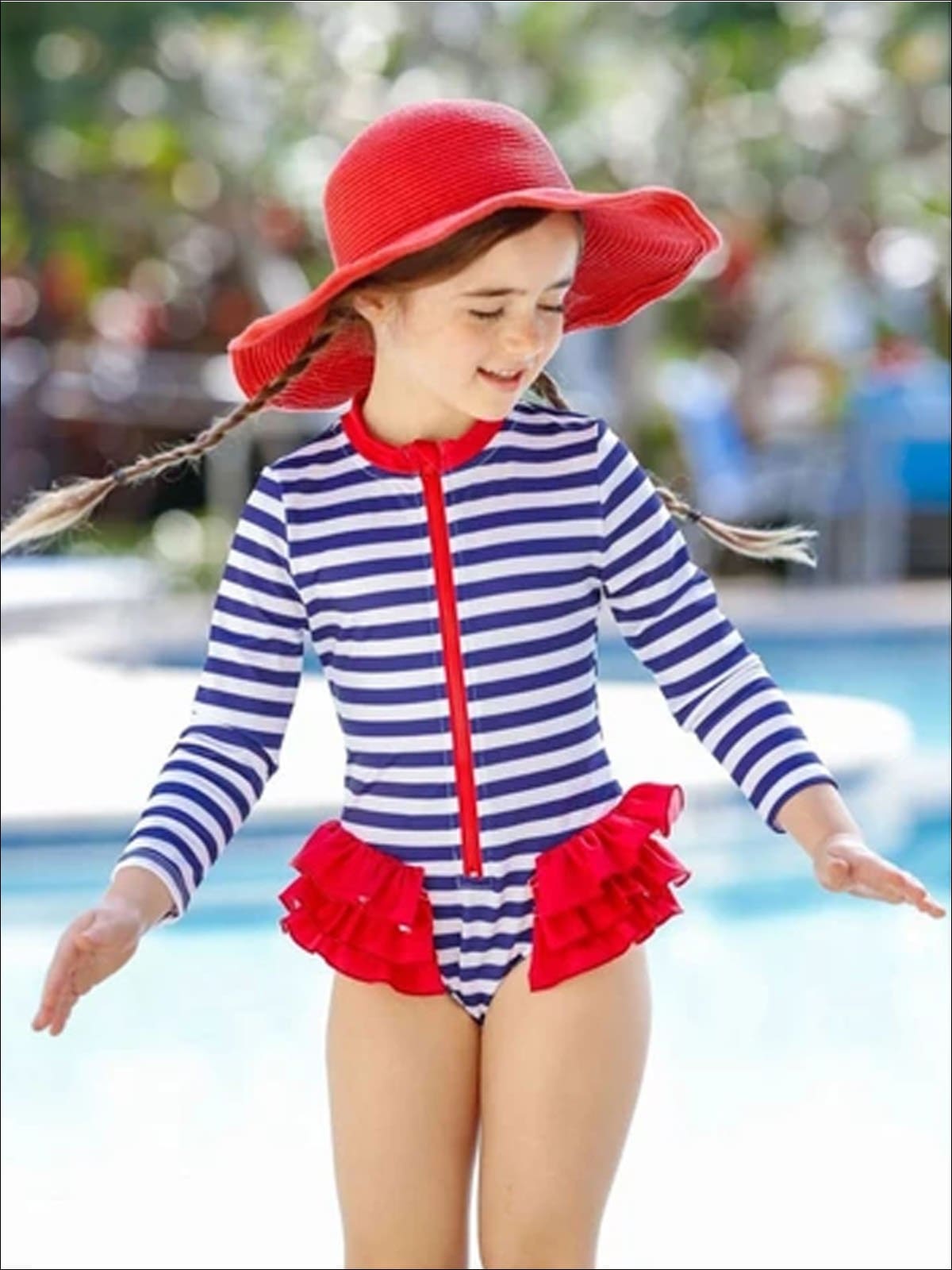Girls Zipper Tiered Ruffles Rash Guard One Piece Swimsuit - Navy / 2T/3T - Girls One Piece Swimsuit