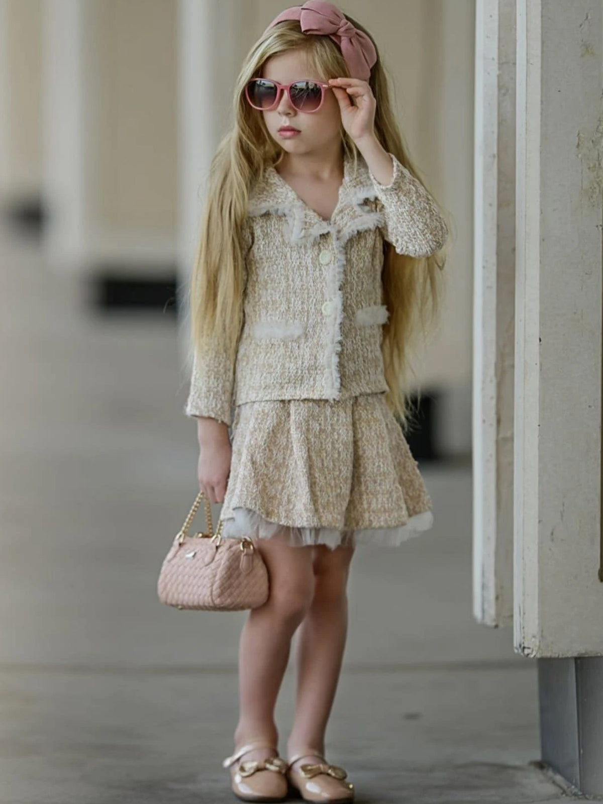 Girls Preppy Chic Tweed Frill Blazer & Skirt Set - Mia Belle Girls