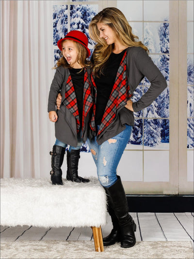 Grey Long Sleeve Mommy and Me Waterfall Sweater Cardigan - Red / Mom S - Mommy & Me Fall Tunic