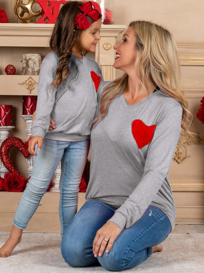 Mommy and Me Matching Tops | Sequin Heart Grey Long Sleeve Top