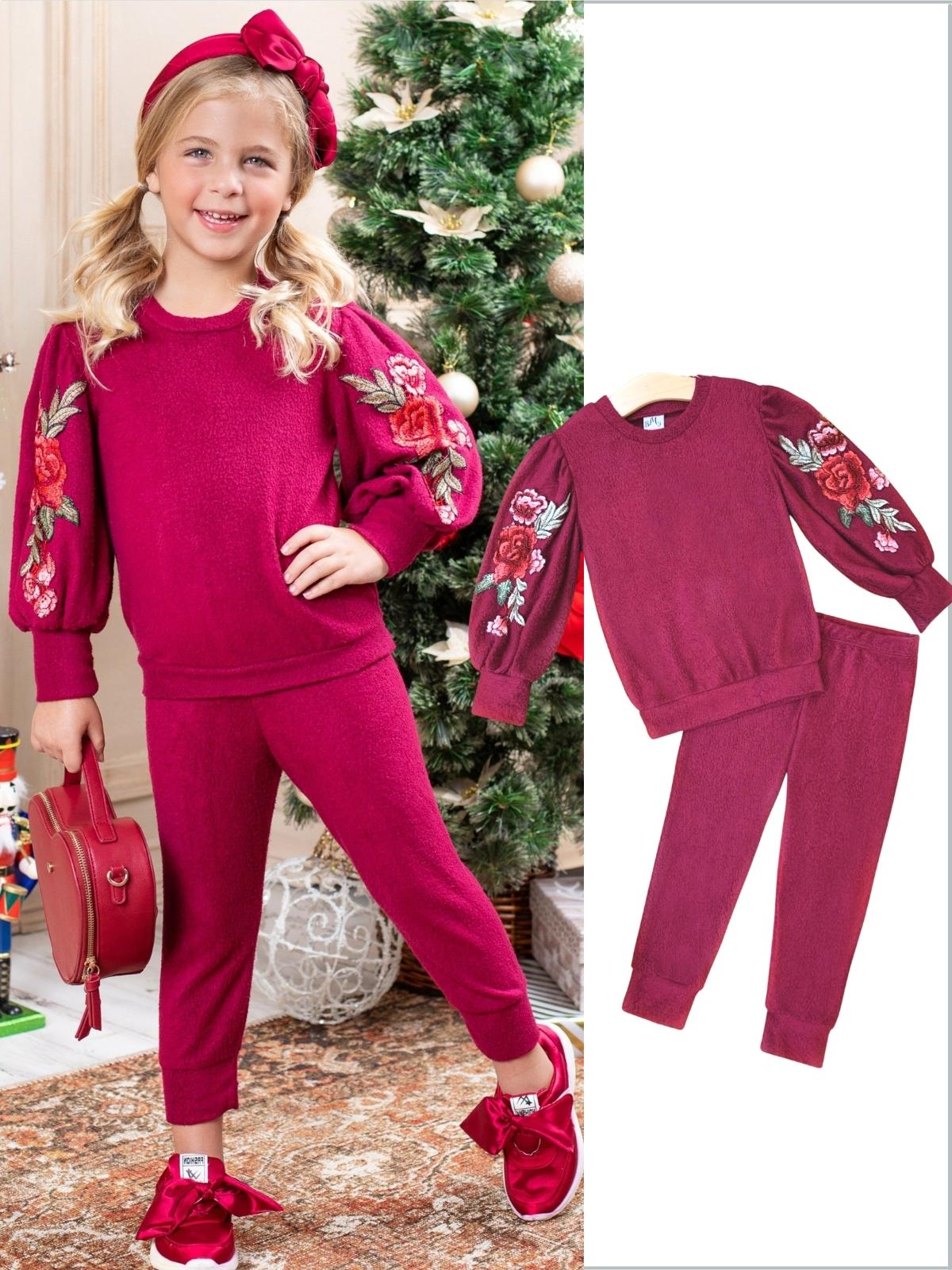 Cute Winter Sets | Girls Floral Embroidered Puff Sleeve Jogger Set