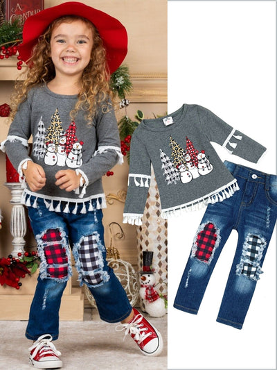 Cute Winter Sets | Girls Tassel Snowman Top & Patched Jeans Set