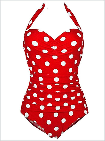 Women's Red Retro Polka Dot Halter One Piece Swimsuit