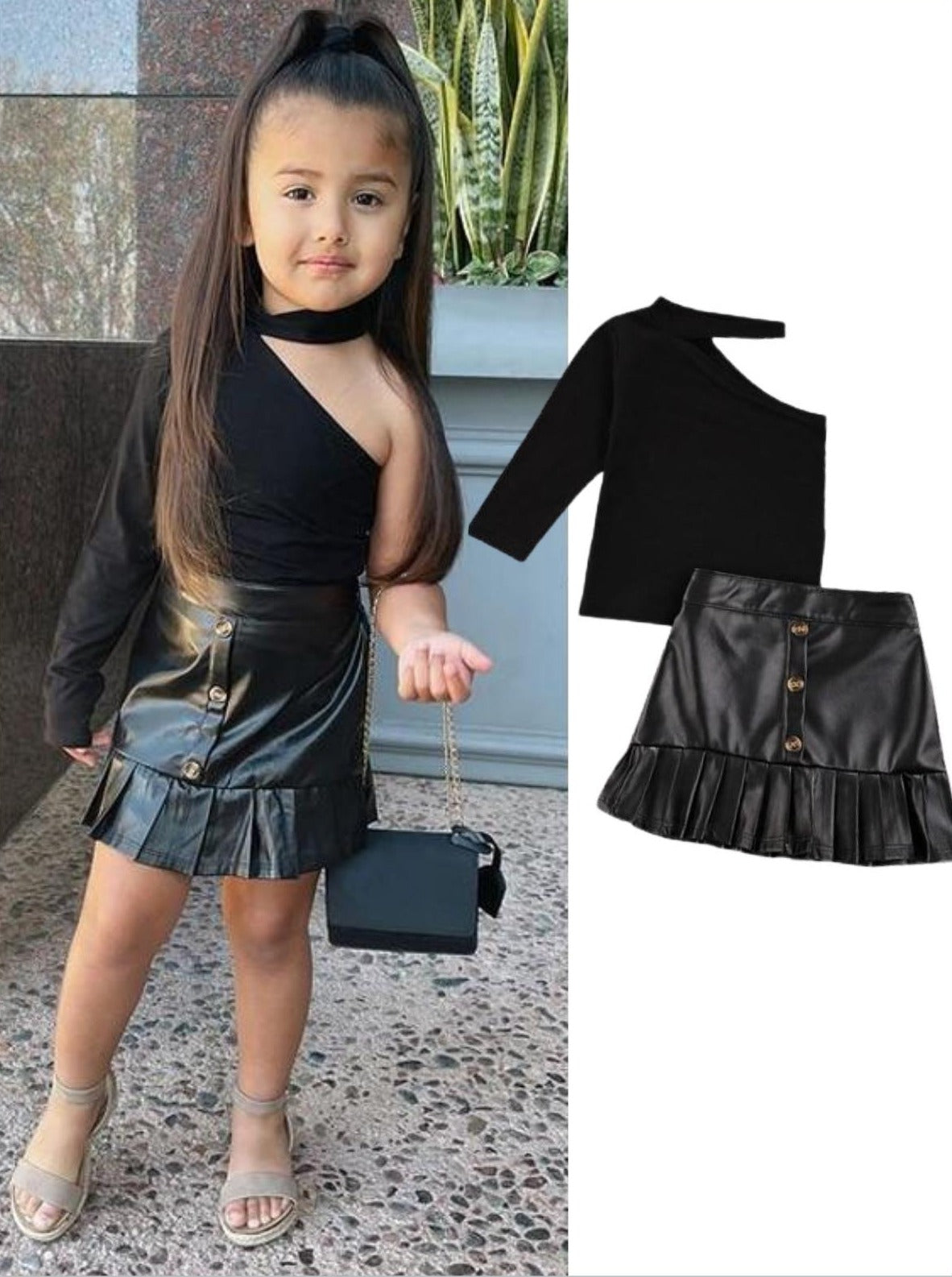 Cute Toddler Sets | Girls Asymmetric Top and Vegan Leather Skirt Set ...