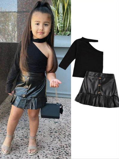 Cute Toddler Sets | Girls Asymmetric Top and Vegan Leather Skirt Set 
