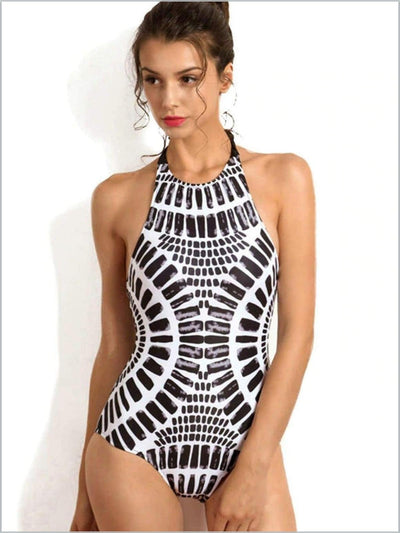 Women's Backless Halter Lace Up One Piece Swimsuit