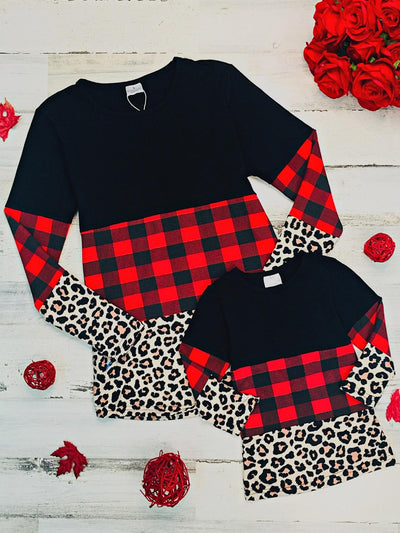 Mommy & Me Animal Print Long Sleeve Color Block Top - Red / 2T - Mommy & Me Top
