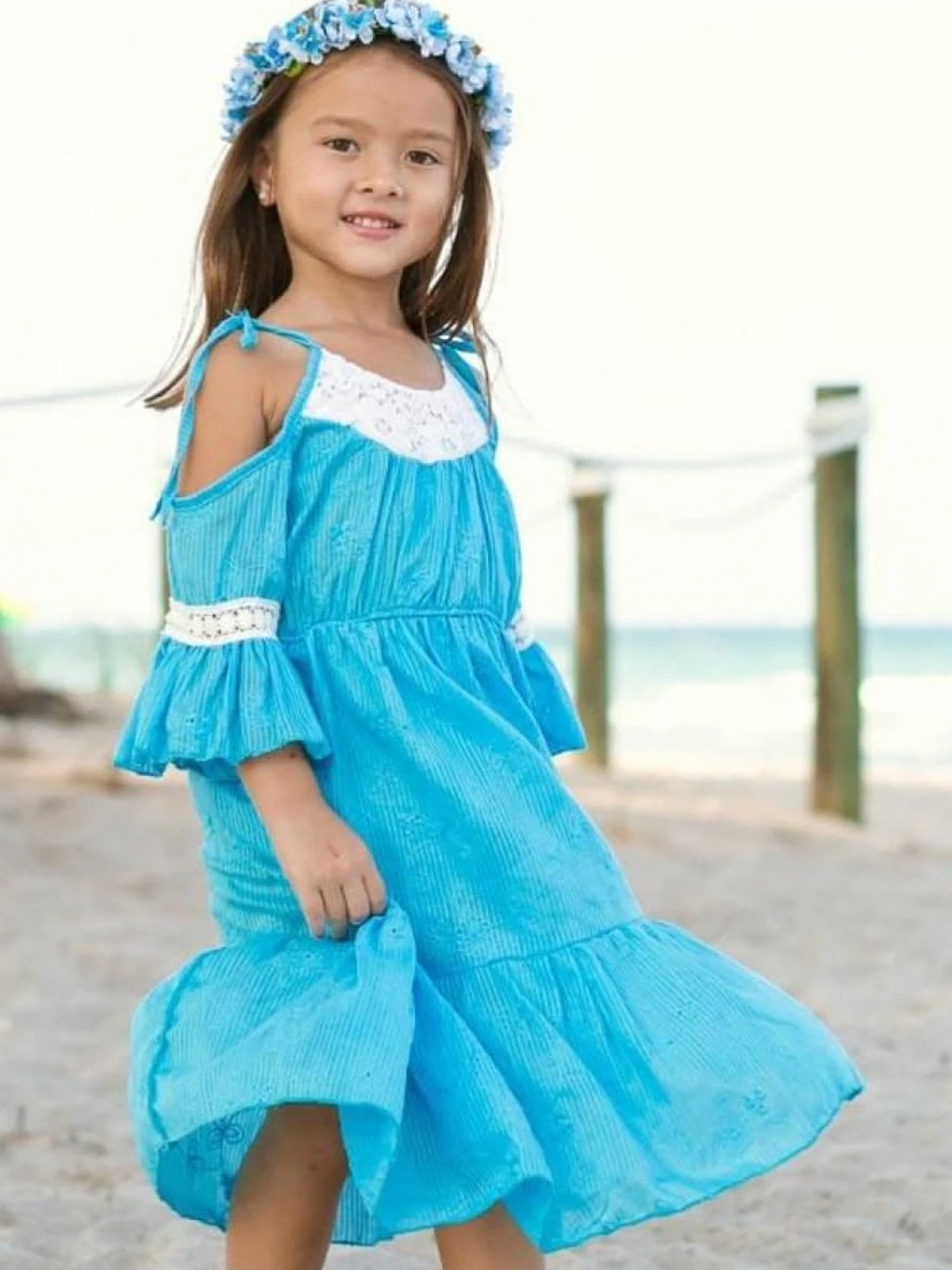 Girls Turquoise Embroidered Cold Shoulder Ruffled Peasant Dress