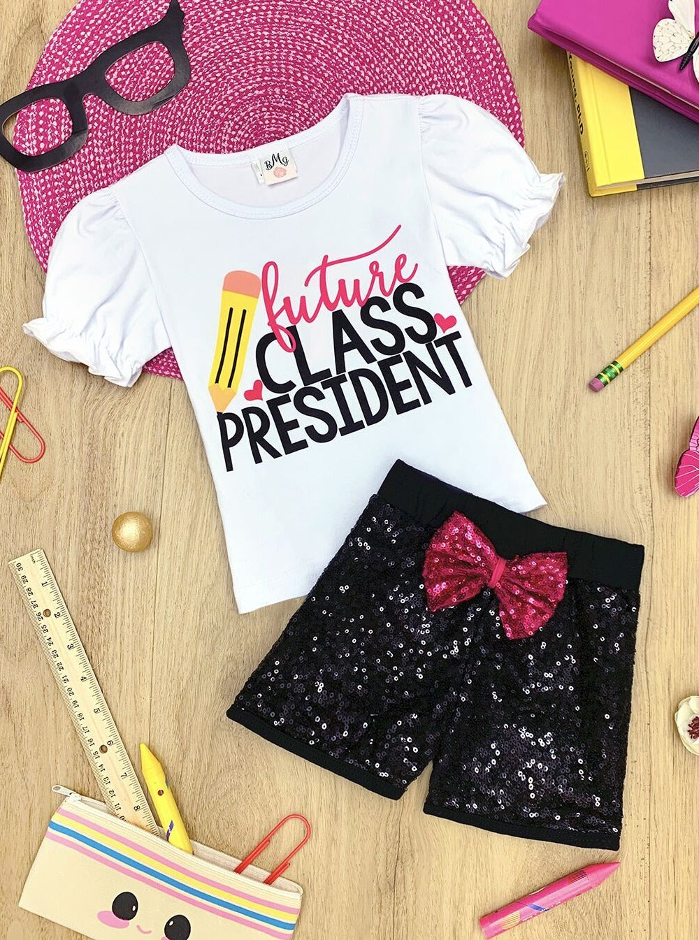 Little girls back to school "Future Class President" graphic top with puffed short sleeves and sequin mesh shorts with bow - Mia Belle Girls