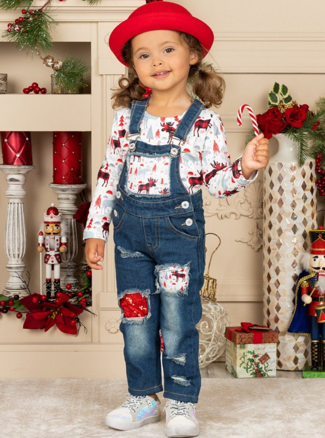 Cute Winter Sets | Girls Plaid Moose Print Patched Denim Overall Set