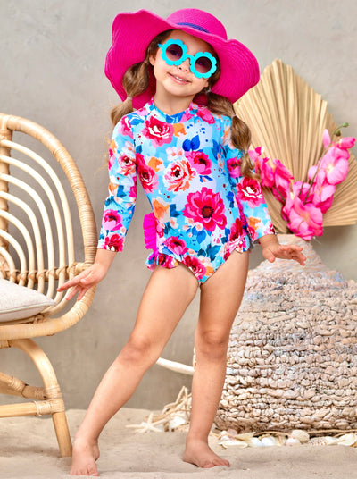 Toddlers Floral Swimsuits | Girls Floral One Piece Rash Guard Swimsuit