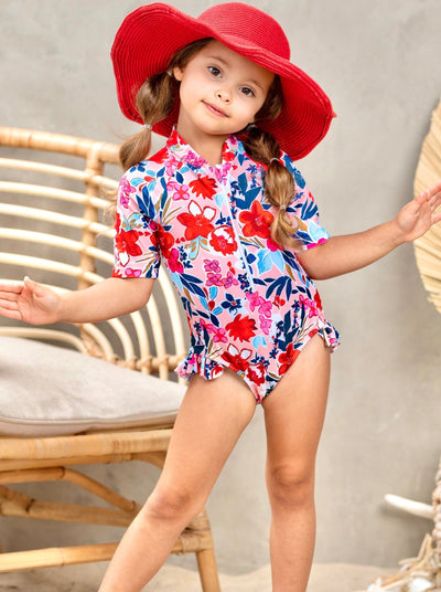 Little Girls Floral Short Sleeve One Piece Rash Guard Swimsuit