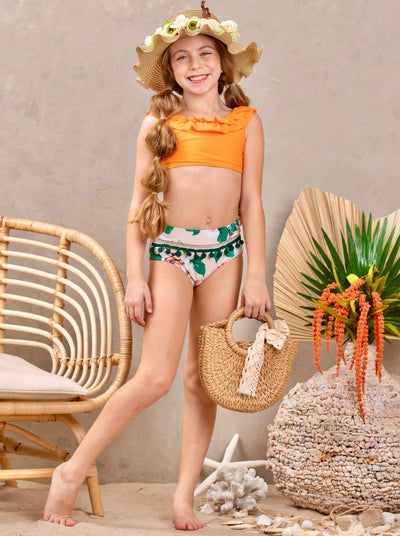 Kids Swimsuits | Little Girls Tropical Print Bottom Two Piece Swimsuit