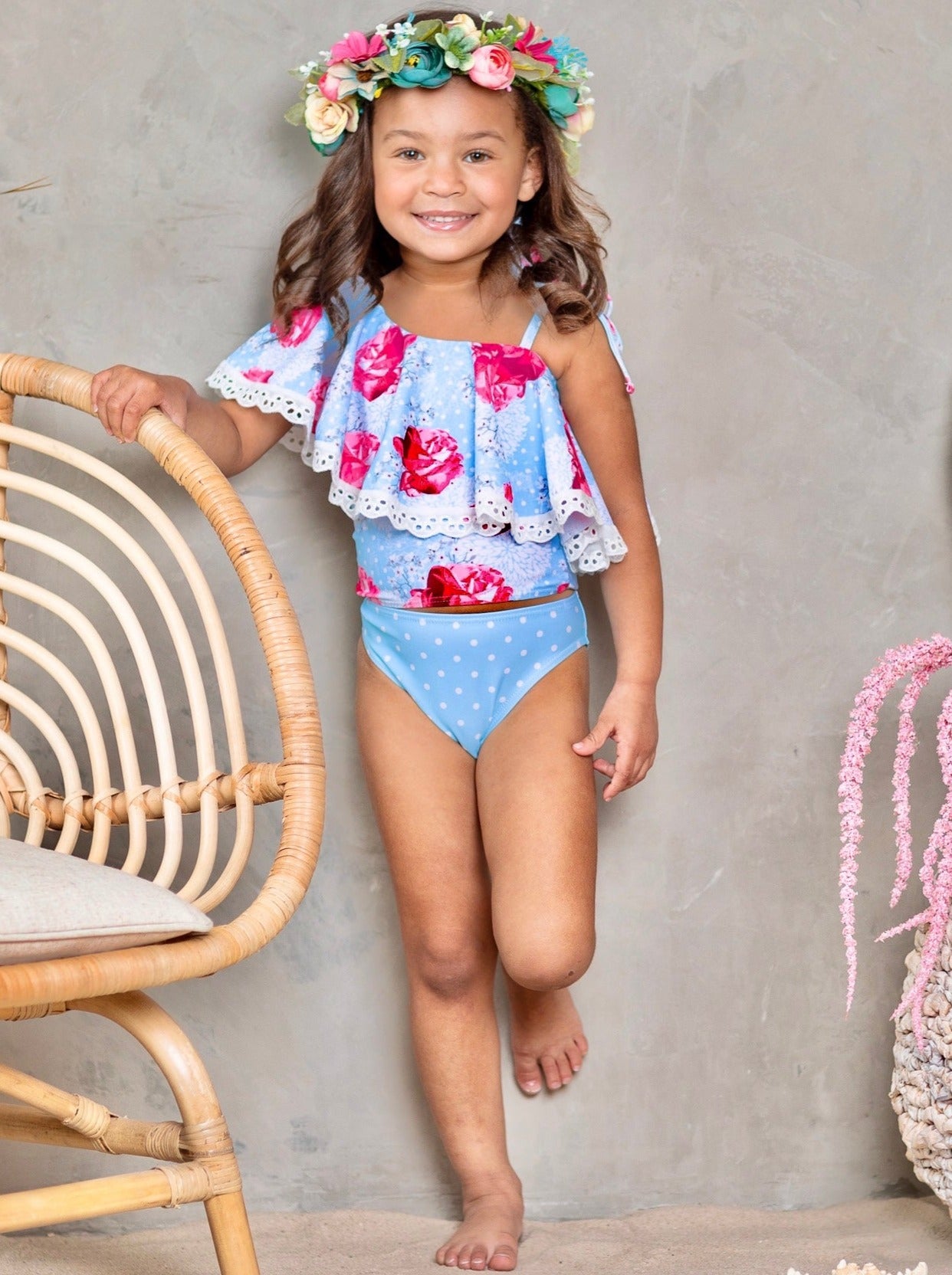 Kids Swimsuits | Little Girls Rose Print Ruffle Two Piece Swimsuit