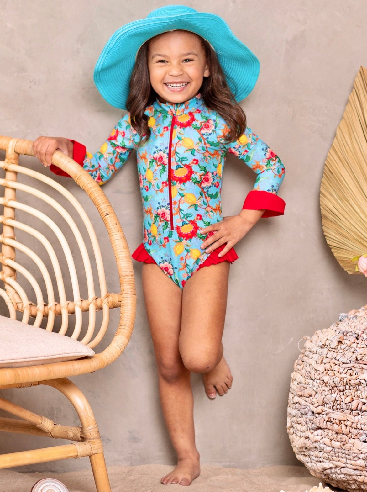 Kids Resort Wear | Girls Rash Guard Ruffle Trim One Piece Swimsuit