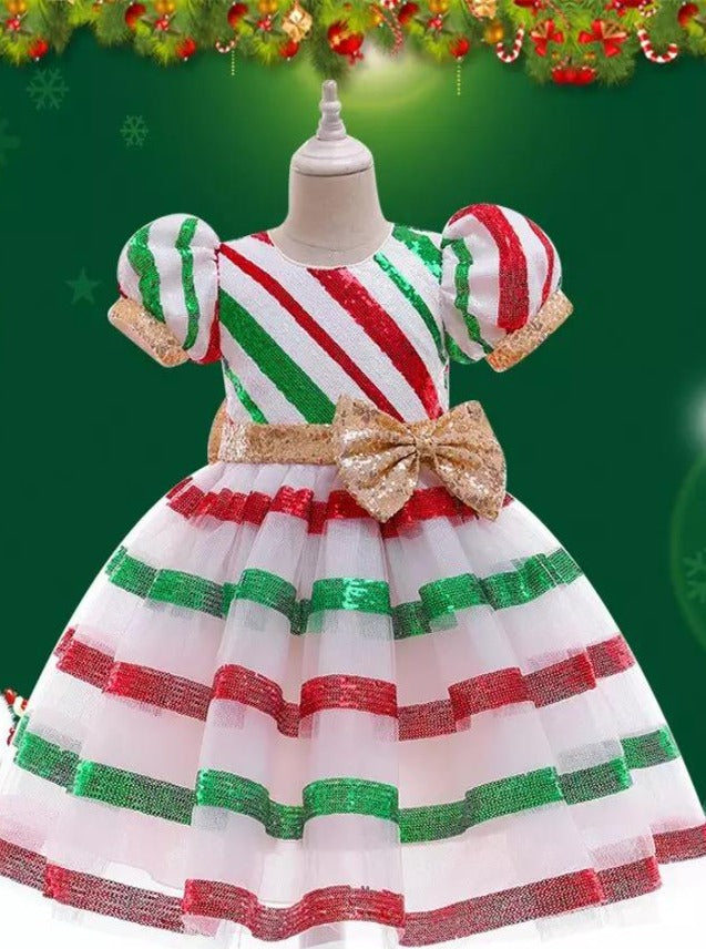 Girls Winter Formal Dress | Sparkle Striped Holiday Princess Dress