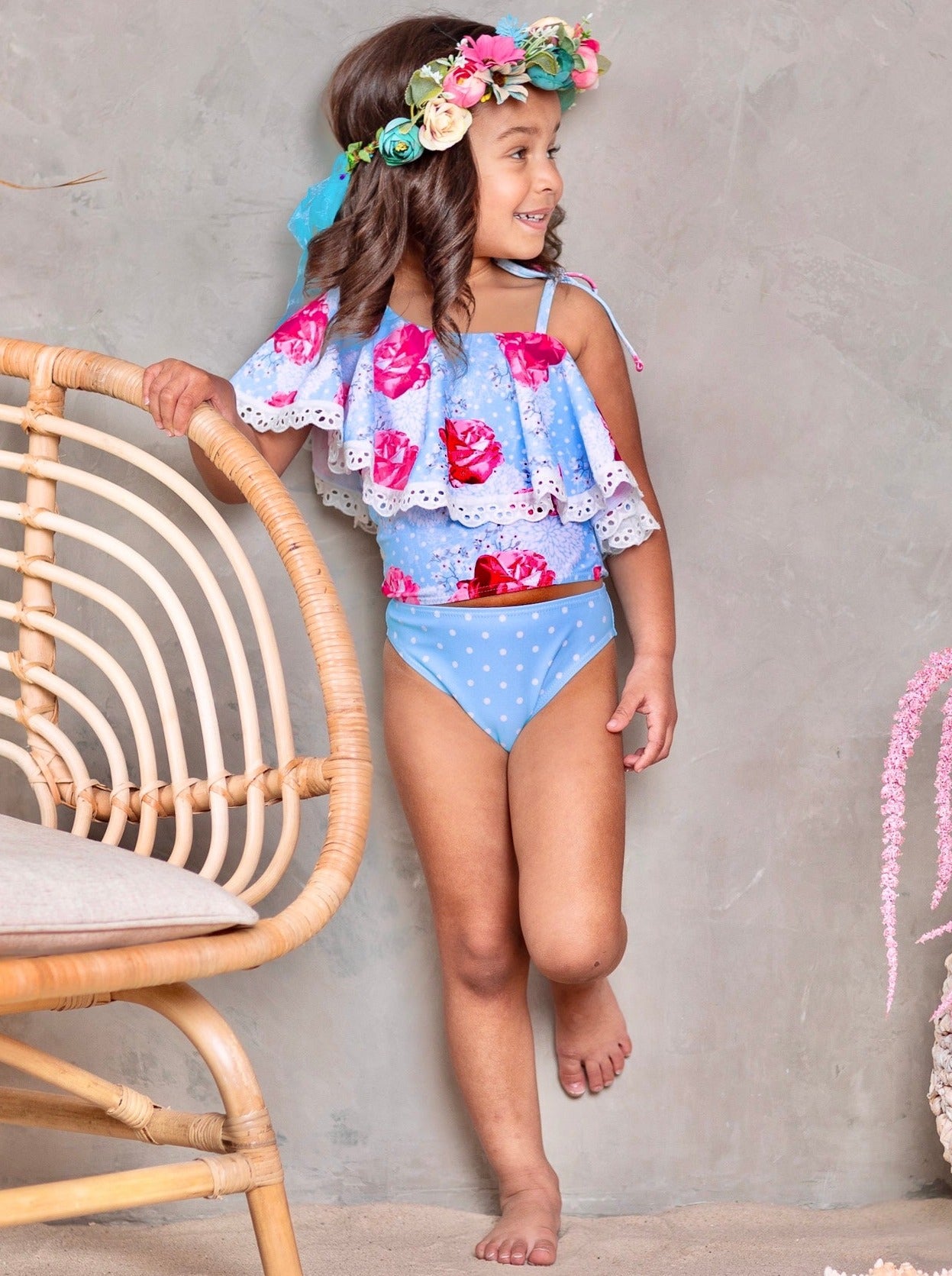 Kids Swimsuits | Little Girls Rose Print Ruffle Two Piece Swimsuit