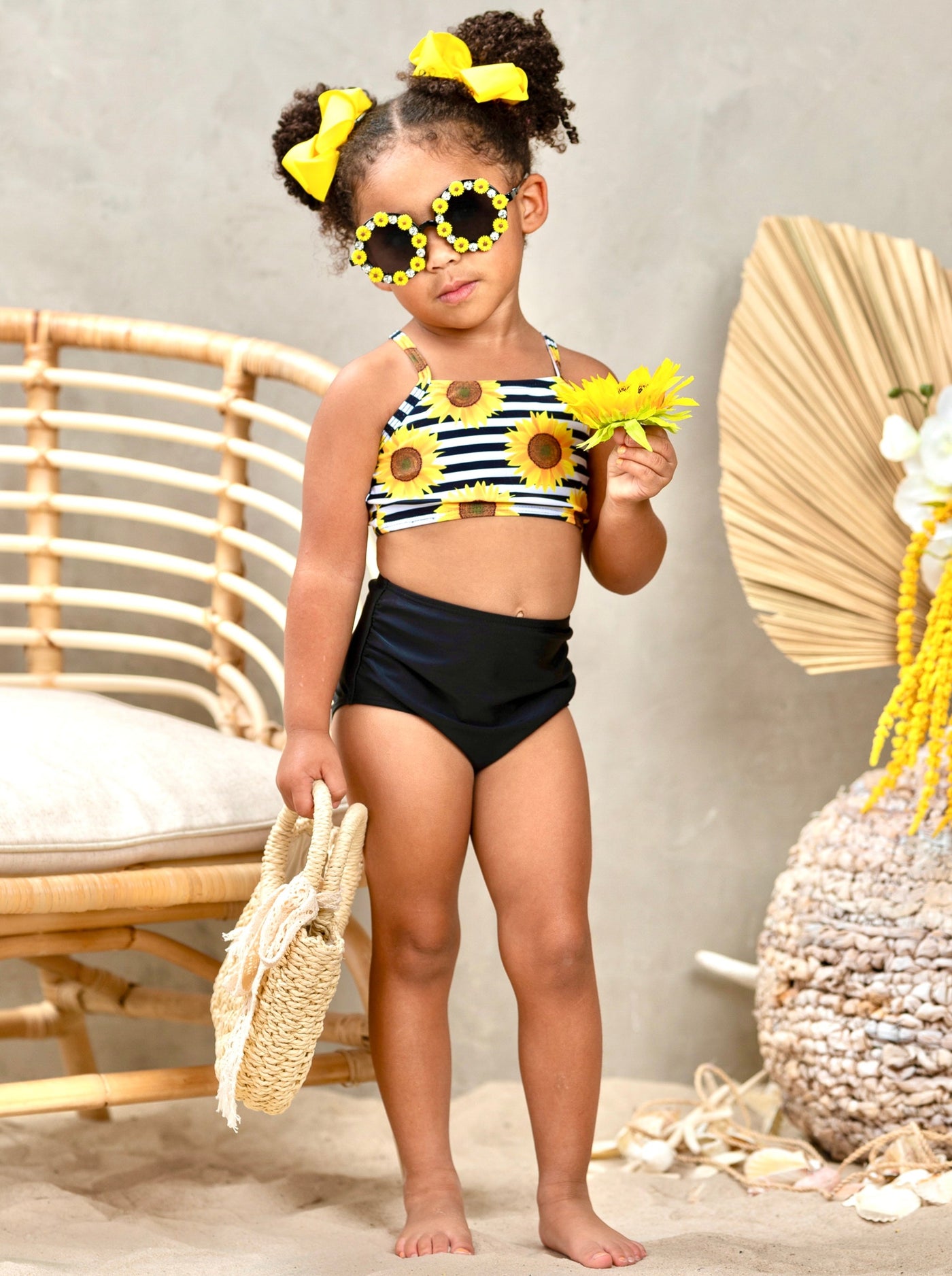 Kids Swimsuits | Girls Sunflower Two Piece High Waist Tankini Swimsuit
