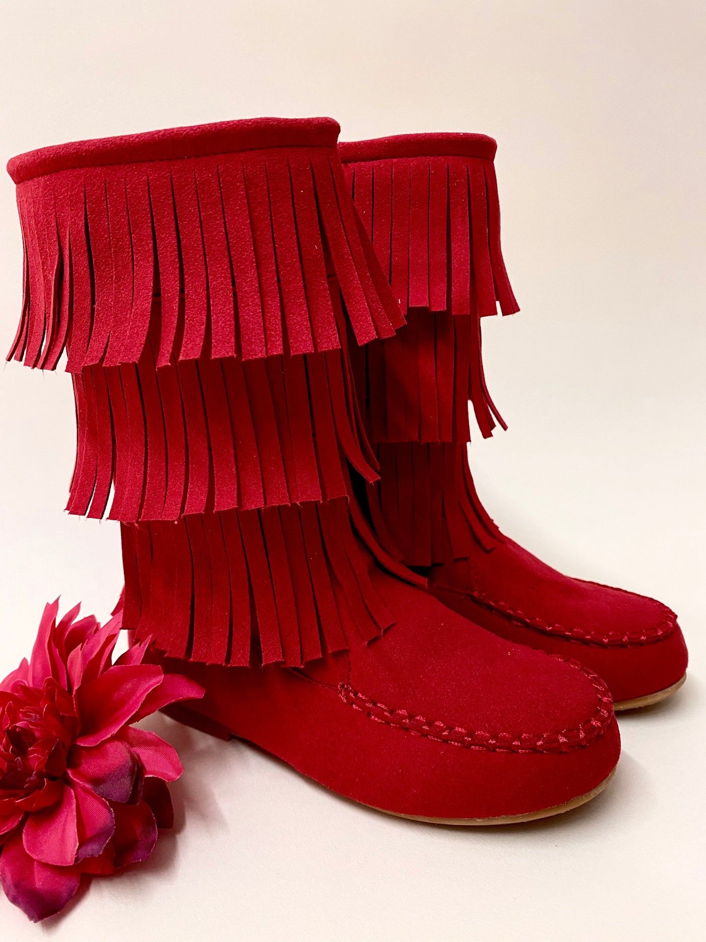 Girls Red Suede Tiered Fringe Boots - Red / 8 - Girls Boots