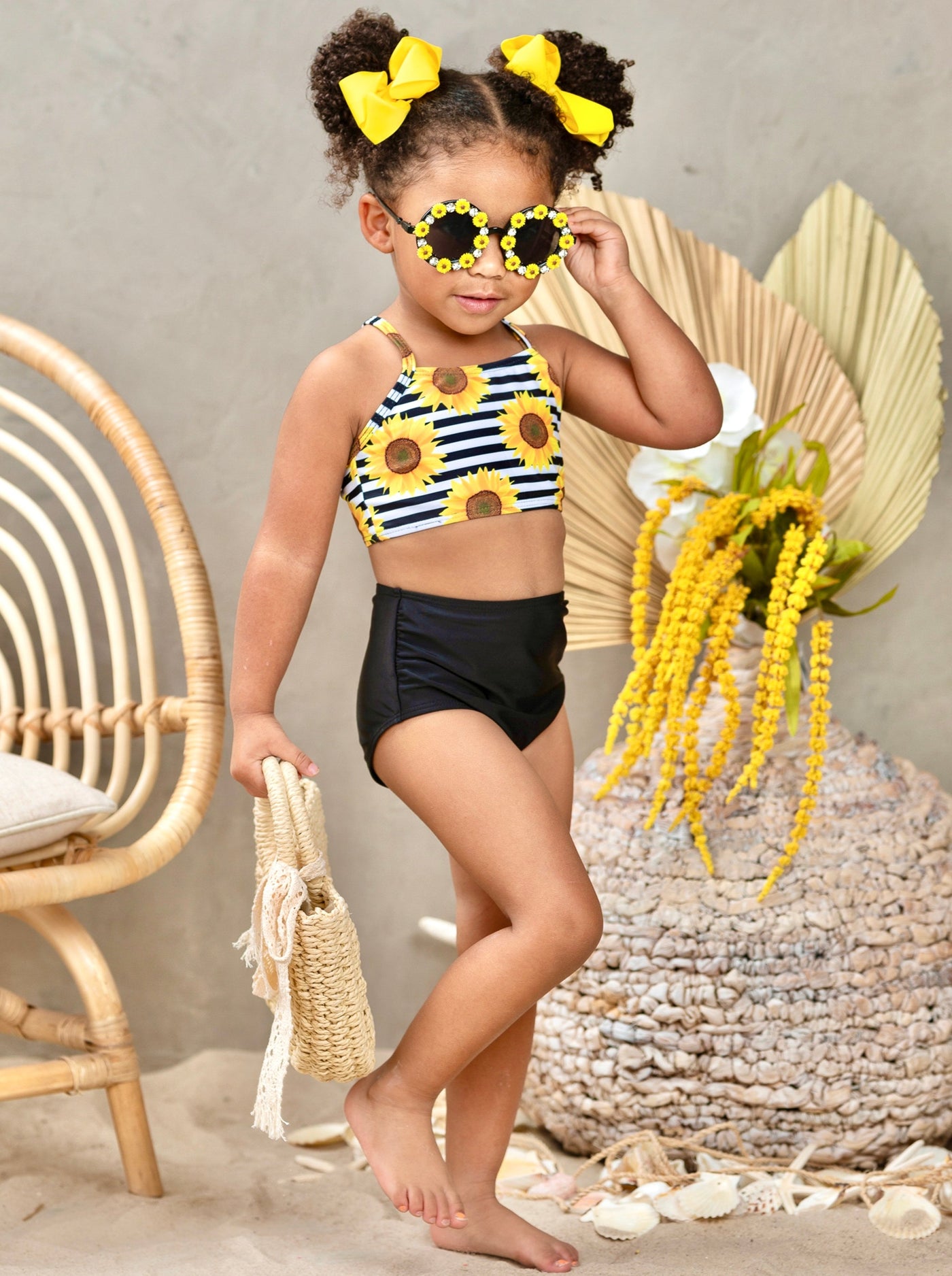 Kids Swimsuits | Girls Sunflower Two Piece High Waist Tankini Swimsuit