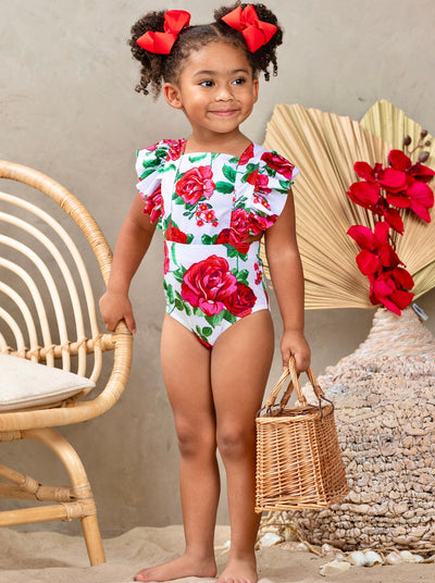 One Piece Girls Swimsuit | Rose Flutter Sleeve Open Side Swimsuit