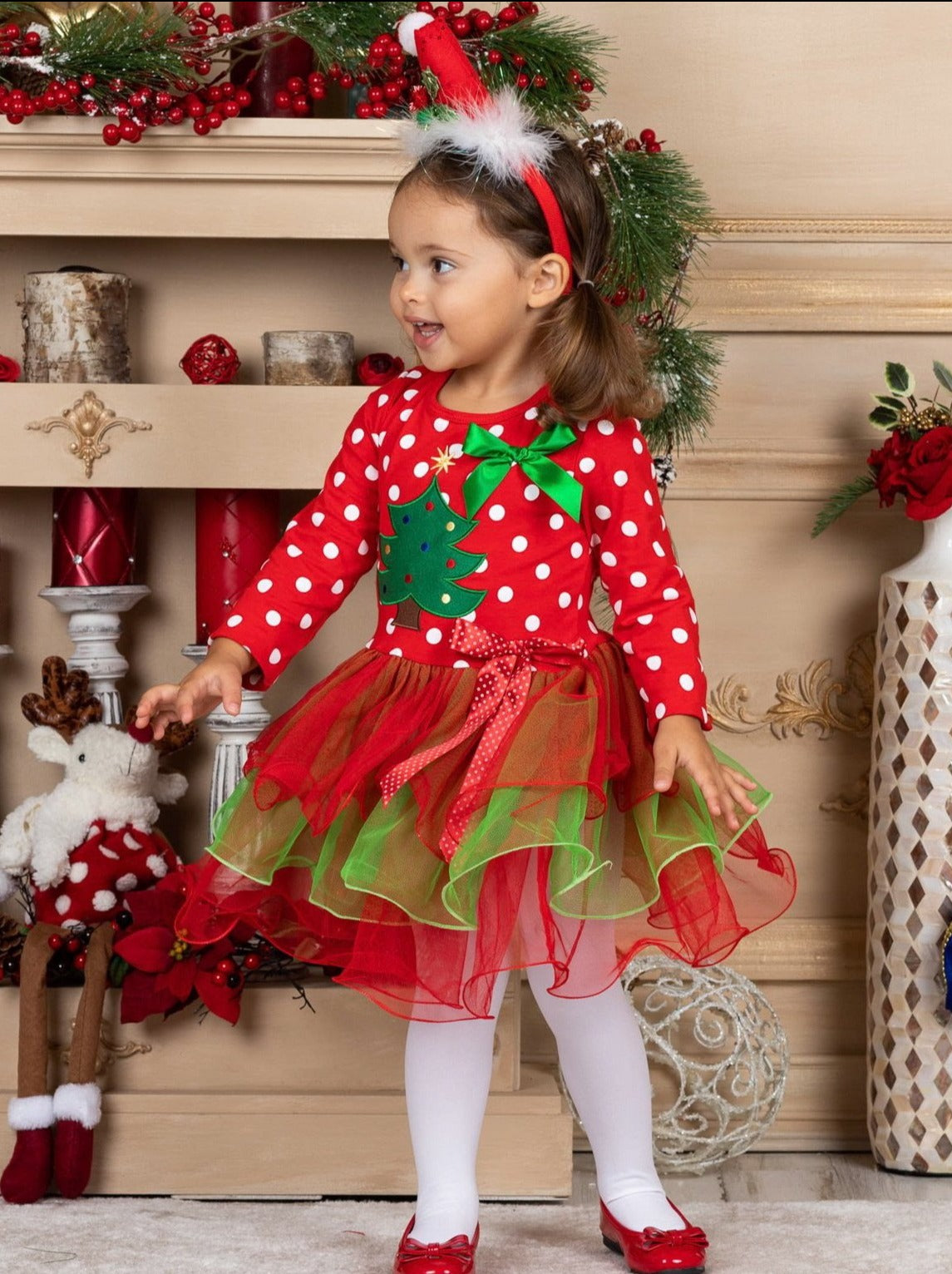 Christmas Dresses | Girls Polka Dot Bodice Christmas Tiered Tutu Dress