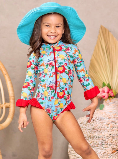 Kids Resort Wear | Girls Rash Guard Ruffle Trim One Piece Swimsuit