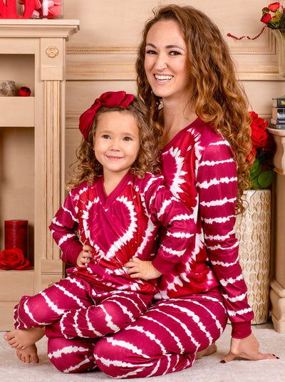 Mother-daughter matching loungewear burgundy set features a white tie-dye heart and stripes throughout
