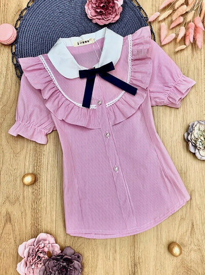 Girls Preppy Pinstripe Ruffled Preppy Blouse with Removable Bow