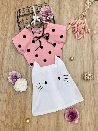 Girls Back To School Polka Dot Top & Cat Skirt Set - Mia Belle Girls