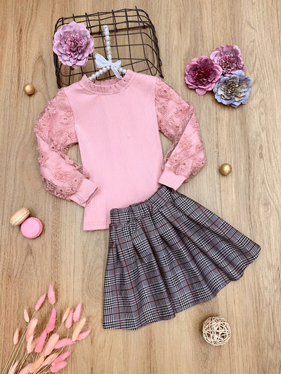 Girls Preppy Floral Lace Sweater & Plaid Skirt Set - Mia Belle Girls