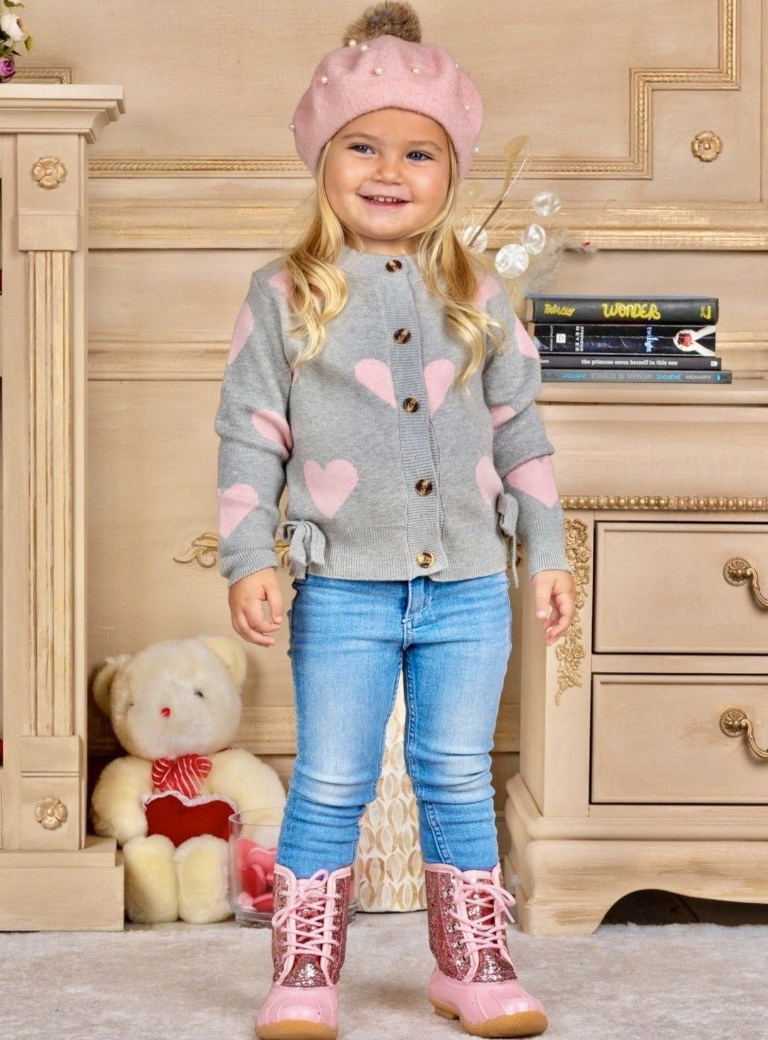Cute Valentine's Day Tops | Girls Heart Print Button Down Cardigan 