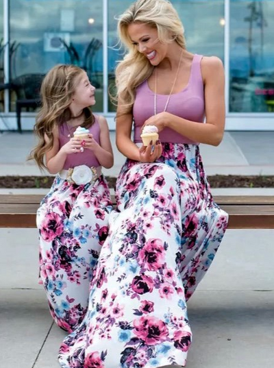 mommy and me maxi dress with lilac bodice and floral skirt