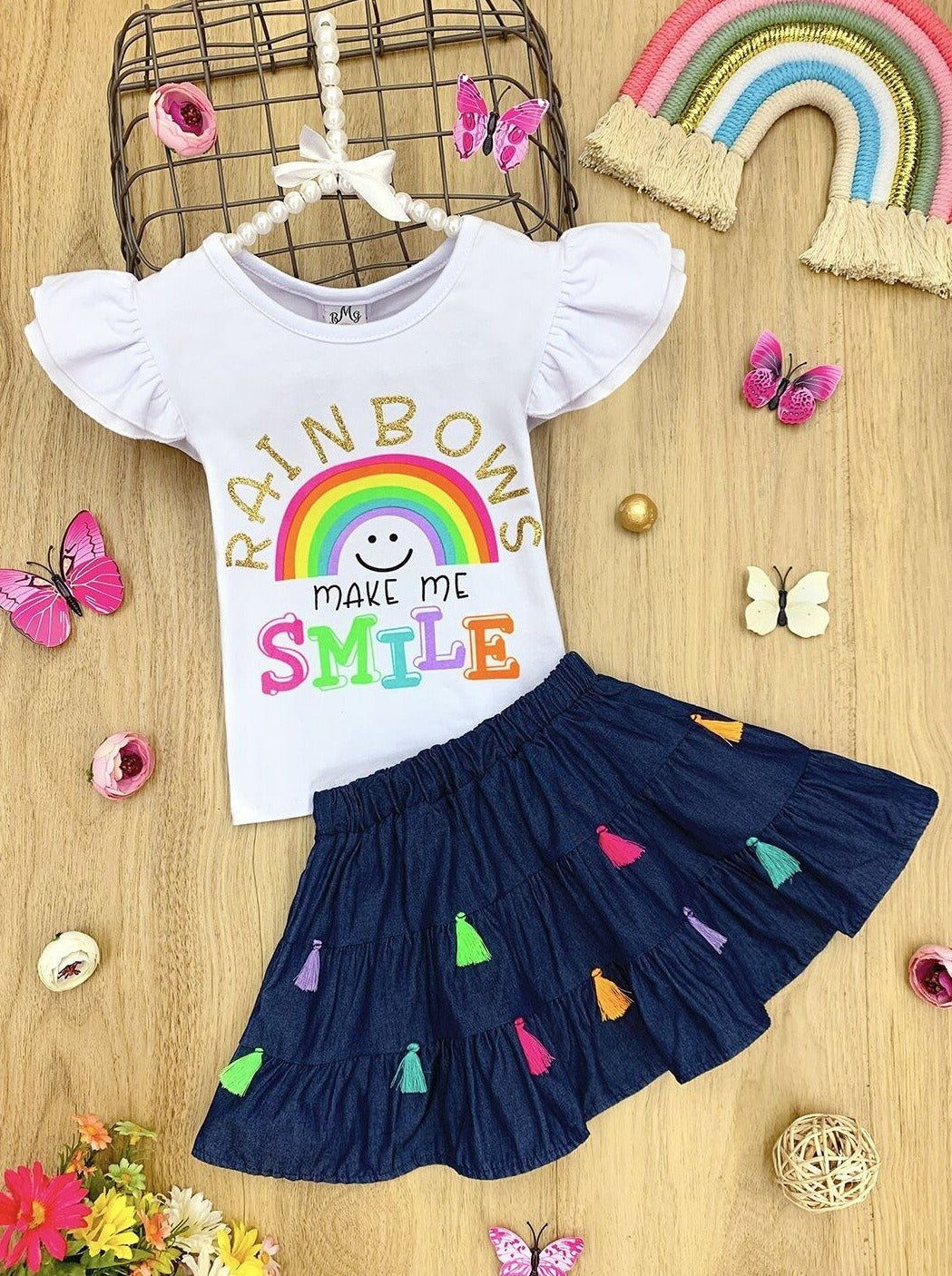 Girls "Rainbows Make me Smile" Ruffled Top and Tassel Denim Skirt Set