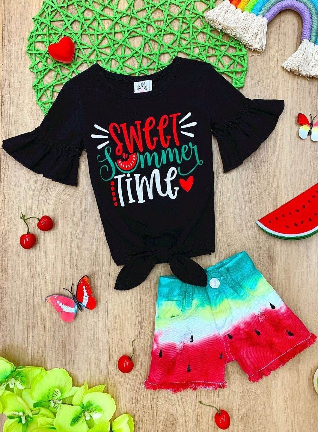 Sweet Summer Time Watermelon Denim Shorts Set