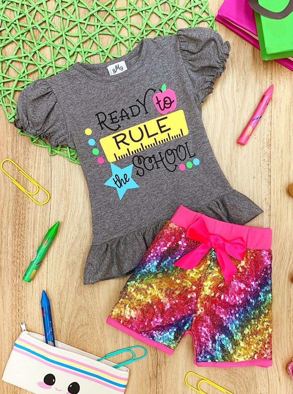 Little girls back to school "Ready to Rule the School" graphic ruffle top with short sleeves and rainbow sequin mesh shorts with bow - Mia Belle Girls