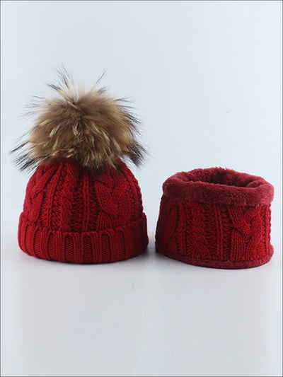 Kids Cable Knit Pom Pom Beanie with Neck Scarf - Red - Girls Hats