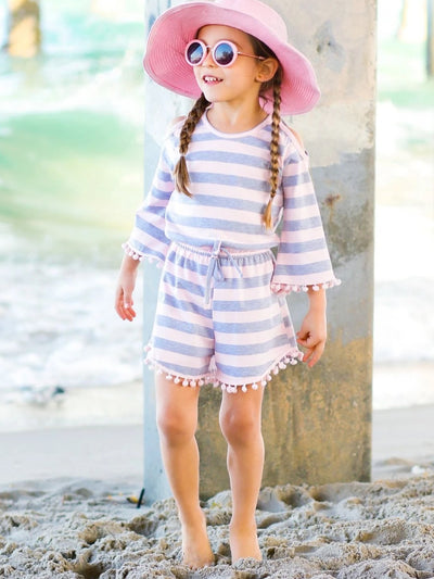 Toddler Spring Outfits | Girls Striped Cold Shoulder Pom Pom Romper