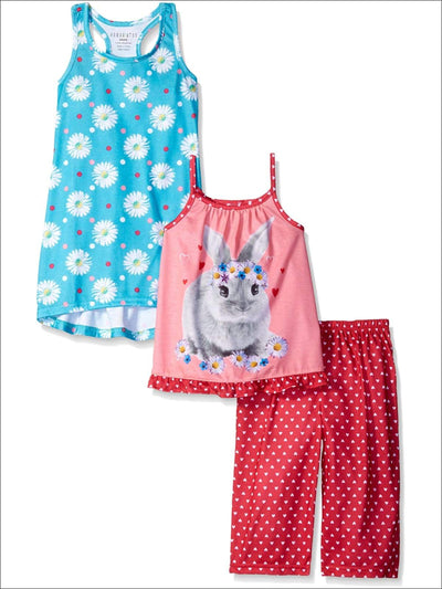Komar Kids Girls 3 Piece Rabbit Pajama Pant Set with Floral Gown