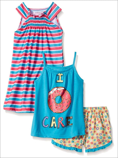 Komar Kids Girls 3 Piece Sleepwear Set Donut Short Set with Stripe Gown